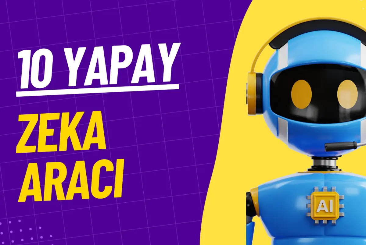 Mor bir arka plan üzerinde '10 Yapay Zeka Aracı' yazısı ve sağ tarafta mavi-sarı renk tonlarına sahip, göğsünde 'AI' çip sembolü bulunan bir robot illüstrasyonu