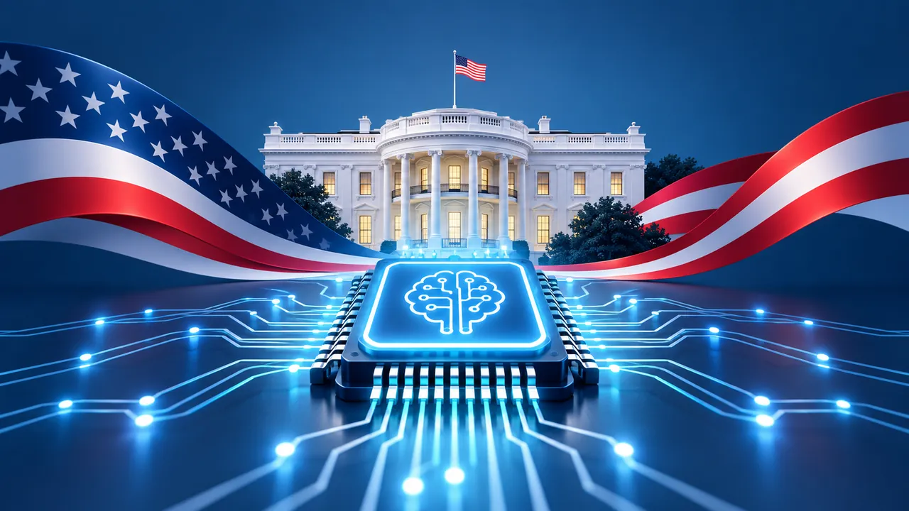 Super Intelligence Force: Beyaz Saray ve yapay zekâ çipi Beyaz Saray ve ABD bayrağı motiflerinin önünde, beyin simgeli mavi bir çip ve ışıklı devre bağlantıları.
