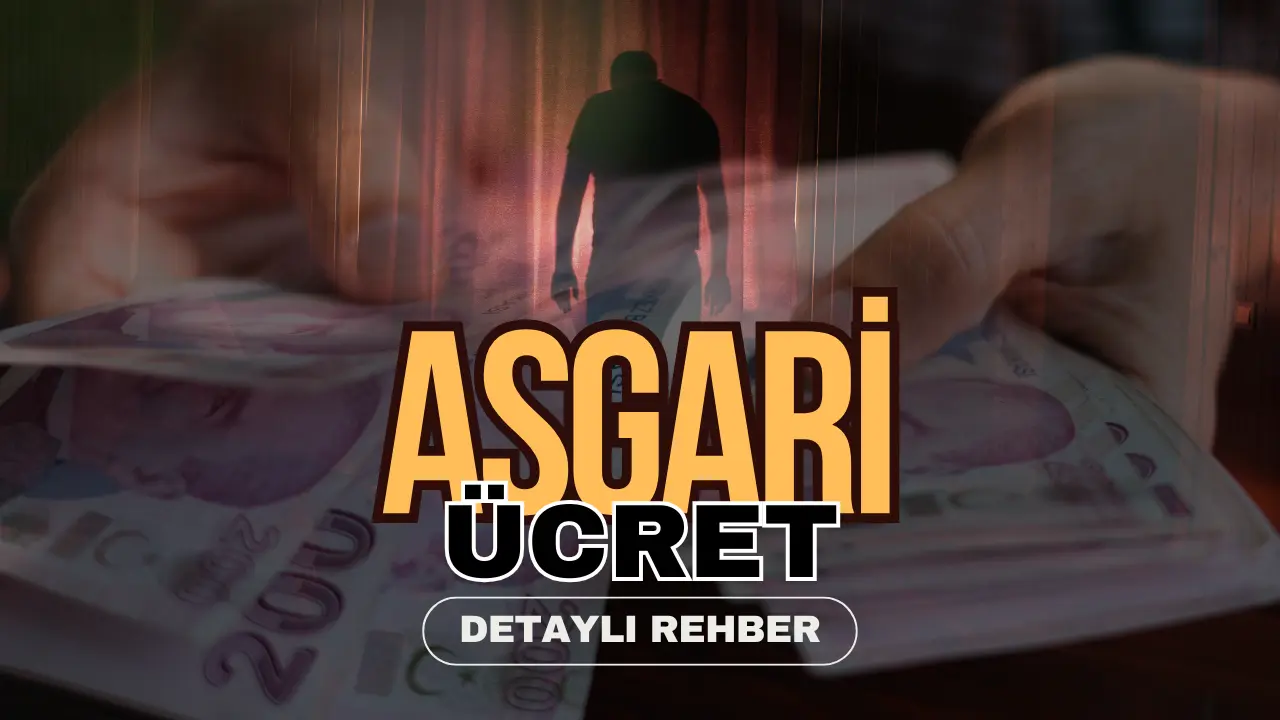Asgari ücret hakkında bilgi veren bir görsel, Türk Lirası banknotları ve karanlık bir arka planla tasarlanmış.