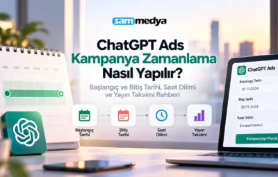 ChatGPT Ads kampanya zamanlama, başlangıç ve bitiş tarihi, saat dilimi ve yayın takvimi yönetimini anlatan görsel