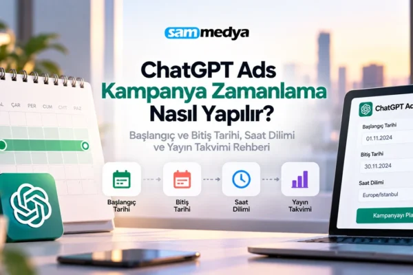 ChatGPT Ads kampanya zamanlama, başlangıç ve bitiş tarihi, saat dilimi ve yayın takvimi yönetimini anlatan görsel