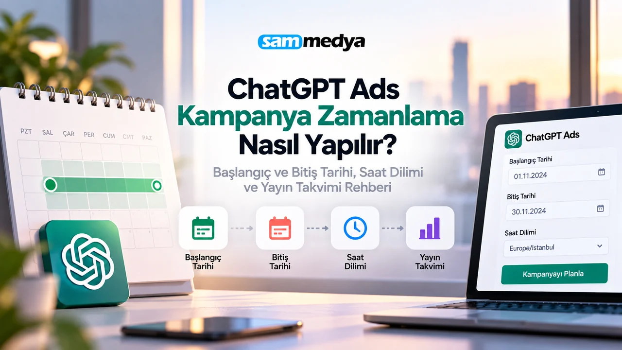 ChatGPT Ads kampanya zamanlama, başlangıç ve bitiş tarihi, saat dilimi ve yayın takvimi yönetimini anlatan görsel