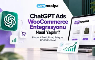 ChatGPT Ads WooCommerce entegrasyonu, Product Feed, OpenAI Pixel, satış takibi ve ROAS yönetimini anlatan görsel