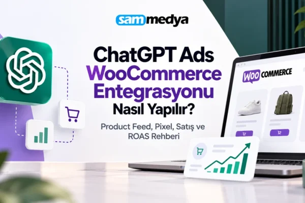 ChatGPT Ads WooCommerce entegrasyonu, Product Feed, OpenAI Pixel, satış takibi ve ROAS yönetimini anlatan görsel