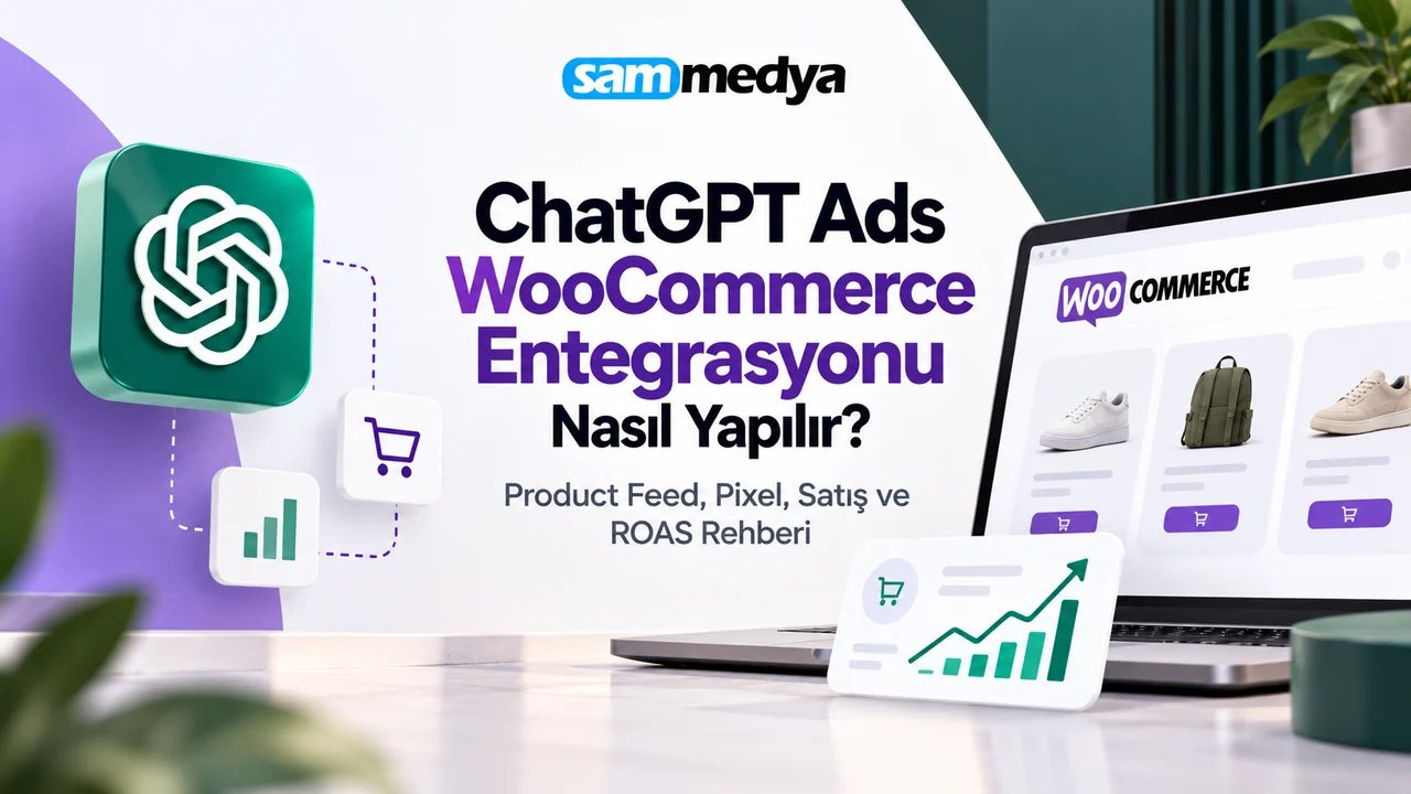ChatGPT Ads WooCommerce entegrasyonu, Product Feed, OpenAI Pixel, satış takibi ve ROAS yönetimini anlatan görsel