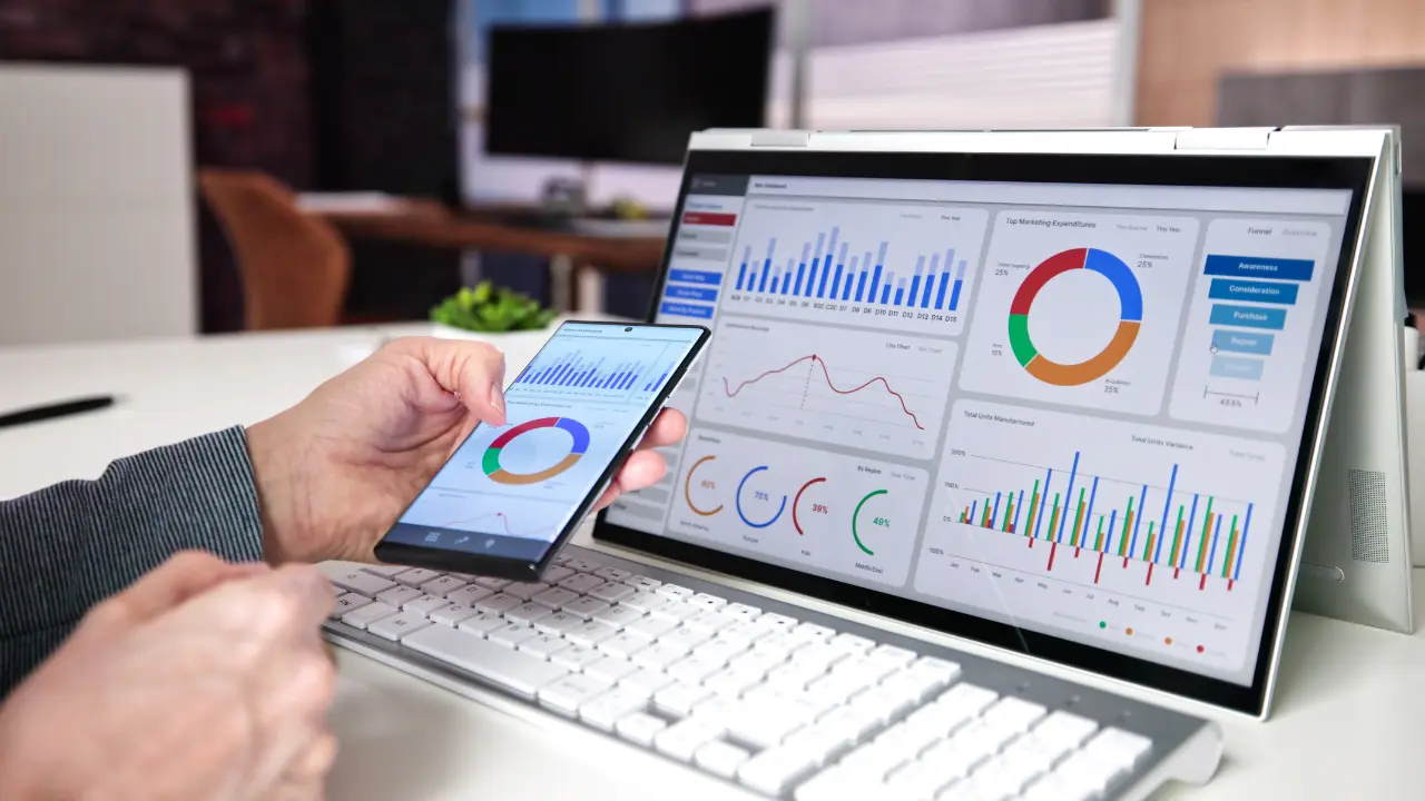 Bilgisayar ve telefonda Google Analytics veri görselleştirme tabloları.