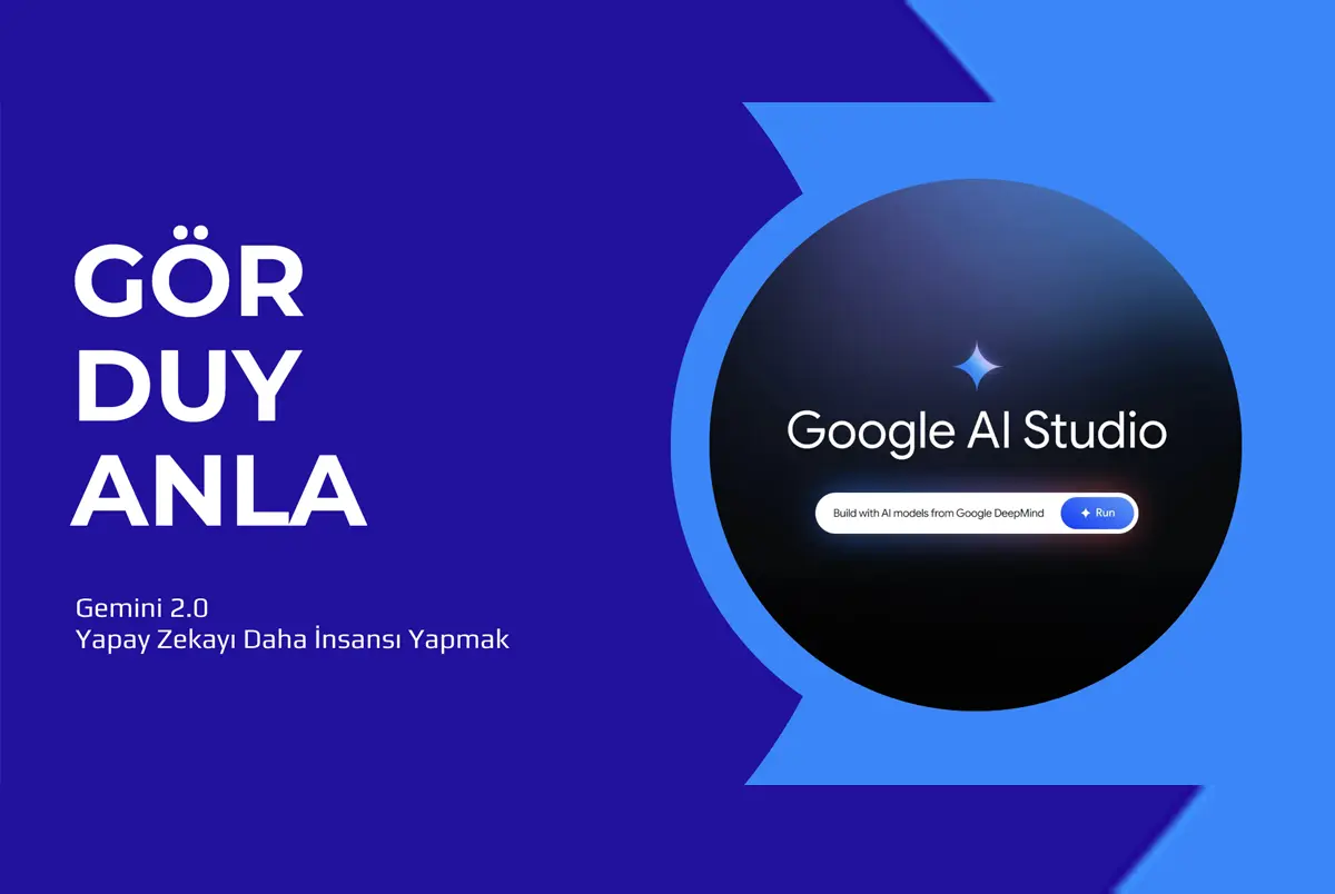 Siyah ve mavi tonlarında bir arka plan önünde, ortada parlayan küçük bir yıldız simgesi, altında 'Google AI Studio' metni ve hemen altında 'Build with AI models from Google DeepMind' yazılı bir buton ile 'Run' düğmesi.
