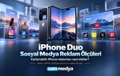 iPhone Duo Sosyal Medya Reklam Ölçüleri iPhone Duo için Instagram, Facebook, TikTok, YouTube ve diğer sosyal medya reklam ölçülerini gösteren görsel