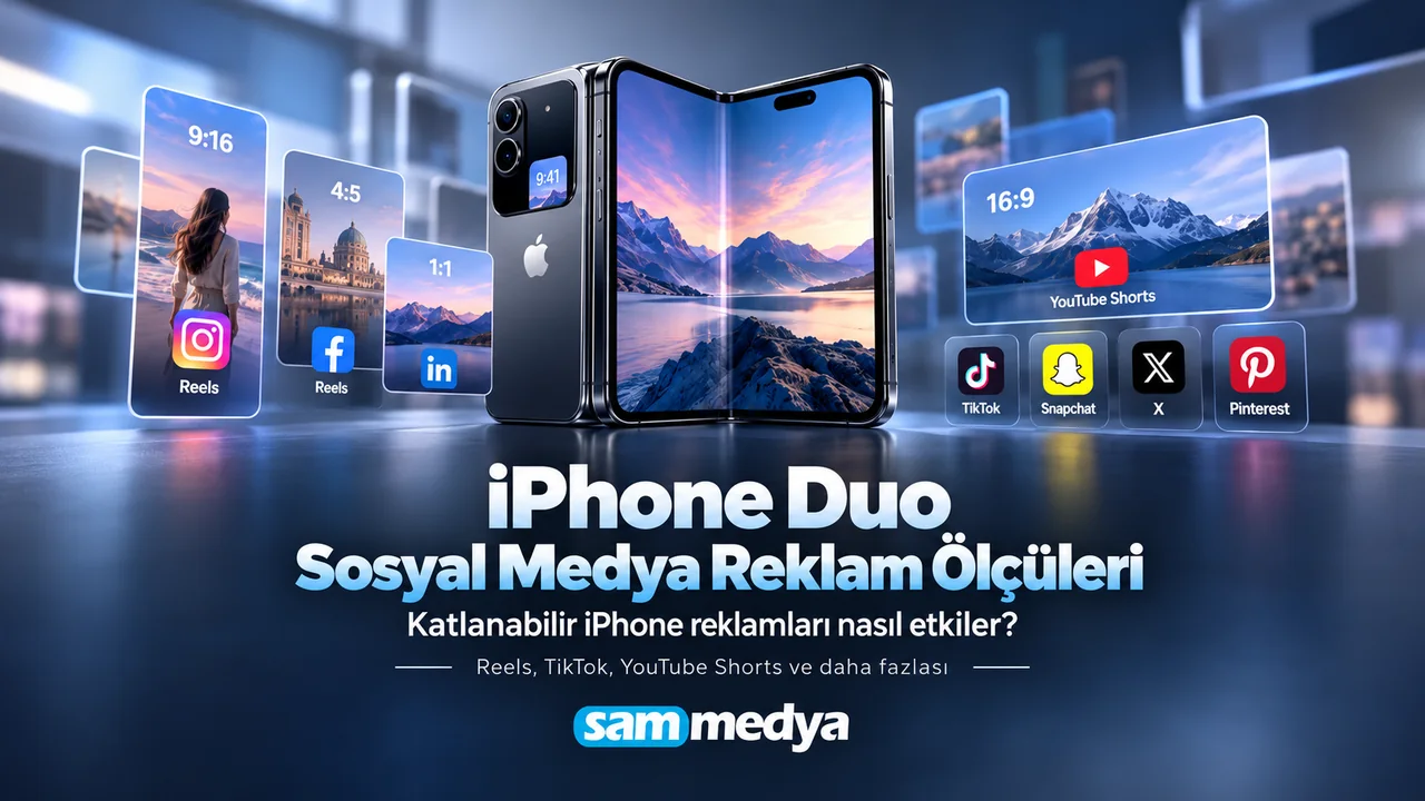 iPhone Duo için Instagram, Facebook, TikTok, YouTube ve diğer sosyal medya reklam ölçülerini gösteren görsel