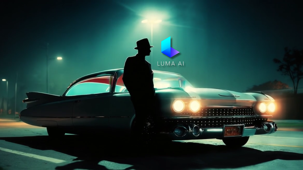 Gece sokakta klasik bir araba ve şapkalı bir silüet; üzerinde Luma AI logosu.
