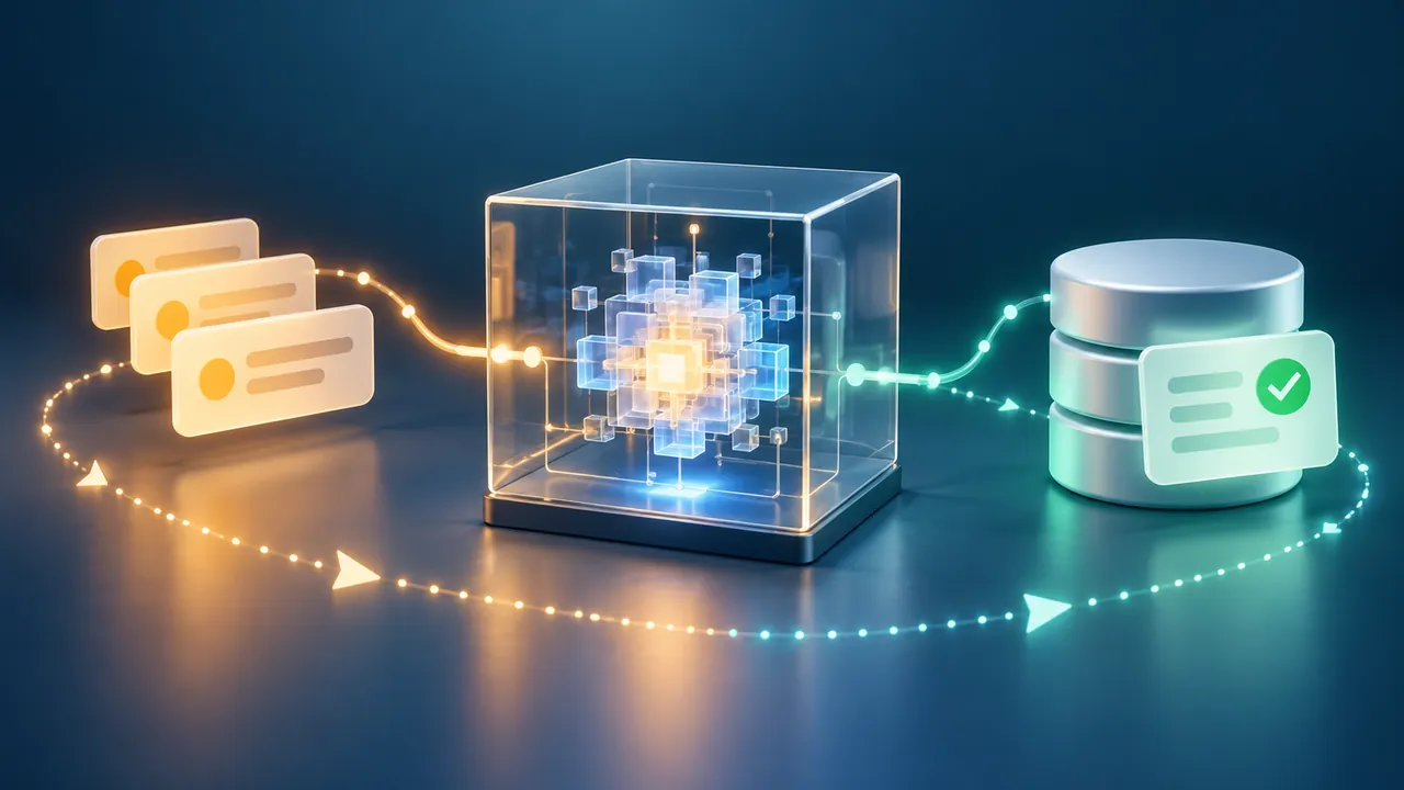 Microsoft ThinkingBox ile AI ajanlarının sonuçlarını doğrulama İş akışı kartlarını, şeffaf kutu içindeki ışıklı işlemciyi ve yeşil onay işaretli veritabanını birbirine bağlayan çizgiler.