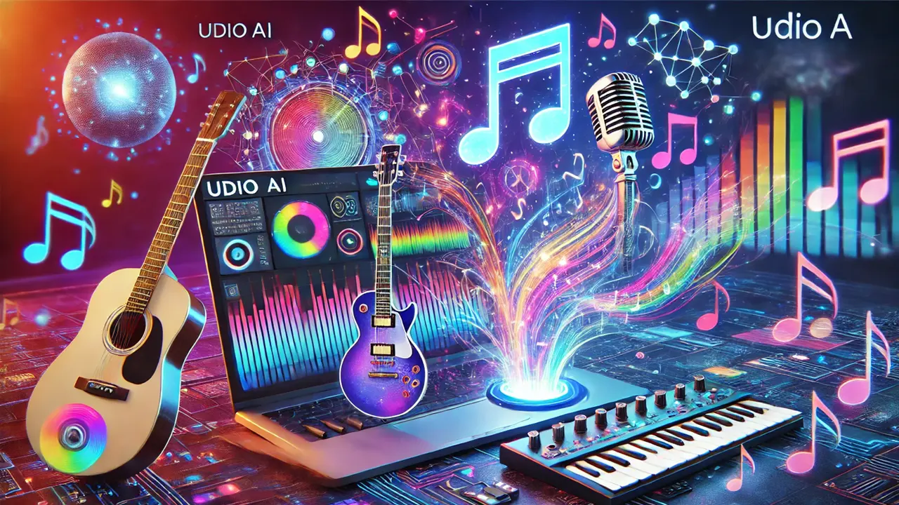 Udio AI ile müzik prodüksiyonunu temsil eden renkli, yaratıcı bir sahne, gitar, mikrofon ve müzik dalgaları ile donatılmış bir bilgisayar ekranı.